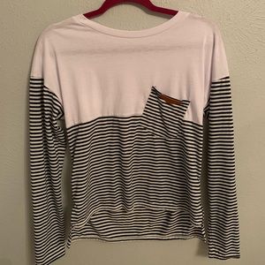 white and black striped shirt with pocket